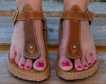 Brown Thong sandals, Cork sole sandals, Greek leather sandals, Strappy sandals, Greek sandals, Waxed leather sandals, Anatomic sandals