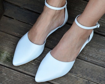 White wedding flats with ankle strap Clearance
