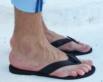 Handmade Mens Black Leather Flip Flops: Greek Summer Sandals