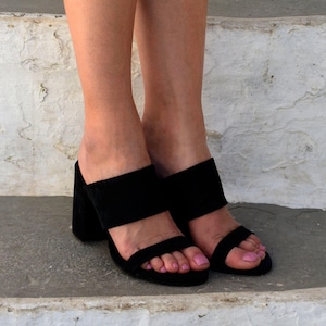 Suede leather sandals, Block Heeled sandals, Black heeled sandals, Greek leather sandals, Suede sandals,Women&#39;s block heel shoes &#39;&#39;Mykonos&#39;&#39;