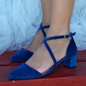 Dark Blue Velvet Wedding Shoes: Criss Cross Block Heels