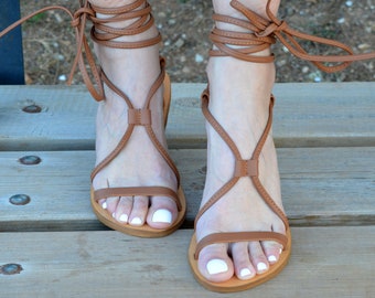 Brown Tie Up Sandals/ Brown Strappy Sandals/ Gladiator Sandals/ Ancient Greek Sandals/ Brown Lace Up Sandals/ Greek Leather Sandals 'Hestia'