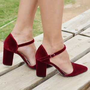 Buy Dark Red Velvet Block Heels Red Ladies Shoes Red Heels Dark