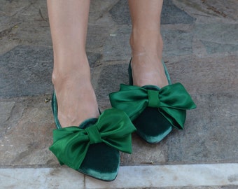 Flat Bow Pumps/Loafers, Women Velvet Loafers, Slip-on Loafers, Emerald Green shoes, Velvet Bow shoes, Velvet loafers women ''Bow Luxor''