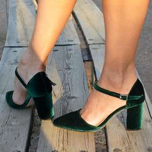 Emerald Green Velvet Block Heel Pumps: Handmade Leather Wedding Shoes