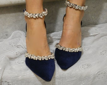 Dark Blue Block Heels, Pointed toe Blue Heels, Blue Raf Pumps, Crystal Embellished Wedding shoes, Blue Velvet Pumps ''Empress''