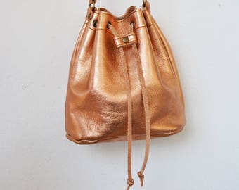 LYDIA Gold Bucket bag, Copper Gold Leather bag, Metallic Bronze crossbody bucket bag, Leather pouch, Women's shoulder bag, Made in Greece