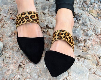 Handmade Suede Mules: Black Leopard Print Greek Leather Slippers