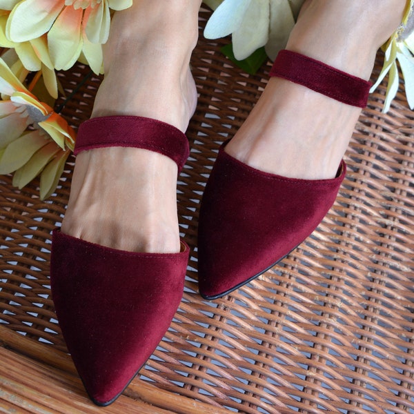 Red Velvet Mules, Mules shoes, Women's Leather Mules, Velvet shoes, Wine Red leather flats, Leather Slides, Slip On shoes, Mules Shoes