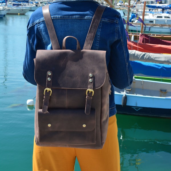 Women's Leather Backpack, Women's Laptop backpack, Waxed Brown Leather Backpack, Large Leather Rucksack, Travel Backpack