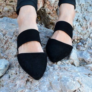 Black suede mules, Black Leather shoes, Greek leather shoes, Slip on flats, Pointy mules, Women's loafers, Slippers shoes, Suede Moccasins