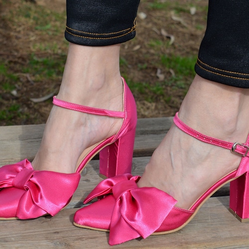 Hot Pink Satin Heels Block Heel 