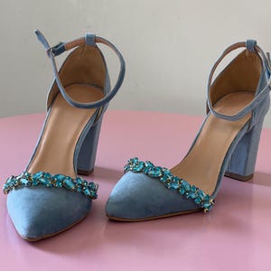 Baby Blue Velvet Block Heels - Blue Wedding shoes - Blue Bridal Pumps - Crystal embellished Wedding shoes - Velvet Pumps &#39;&#39;Empress&#39;&#39;
