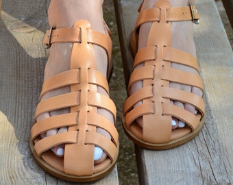 ハンドメイドグラディエーターサンダル：ギリシャ製カーフレザー