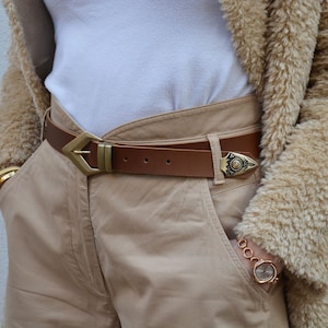 Brown Leather belt, Women&#39;s belt with Bronze buckle, Genuine leather belt for women, Elegant arrow belt, Handmade in Greece BRONZE ARROW