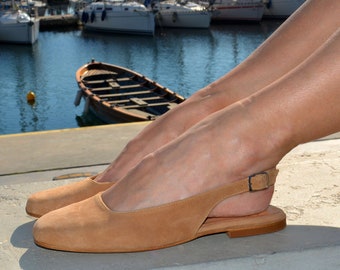Suede Slingback Ballet Flats: Tobacco Brown Leather Shoes