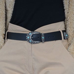 Black Leather Belt: Turquoise Stone Silver Buckle, Handmade in Greece