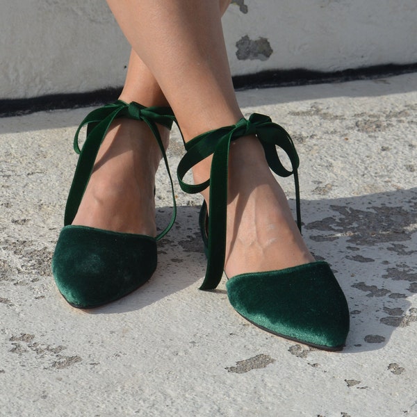 Chaussures plates en velours à nouer à la cheville - Ballerines en velours vert émeraude - Lien ruban Chaussures en velours - Chaussures de mariage en velours vert - Ballerines en velours émeraude EVA