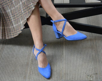 light blue suede block heels