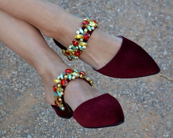 Mules en velours bordeaux, mules en velours, chaussures plates à bout pointu, chaussures en velours rouge foncé, chaussures plates en velours bordeaux, claquettes en cuir, mules