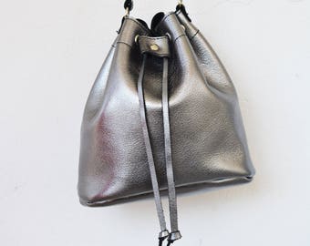 LYDIA Small Leather bag, Metallic Grey bucket bag, Charcoal Grey crossbody bucket bag, Leather pouch, Women's shoulder bag, Made in Greece