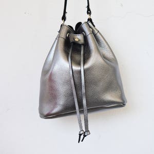 LYDIA Small Leather bag, Metallic Grey bucket bag, Charcoal Grey crossbody bucket bag, Leather pouch, Women&#39;s shoulder bag, Made in Greece