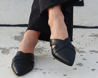 Black Leather Pointed Mules: Handmade Slip-On Flats