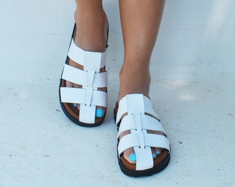White Leather Fisherman Sandals: Chunky Summer Slides, White Leather Sandals, Soft Cushioned Flats, Comfort Sandals AMORGOS