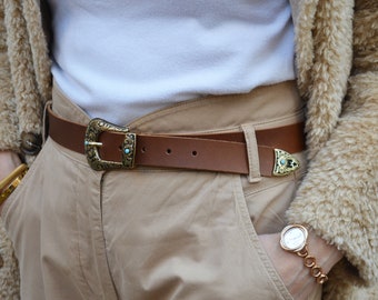 Brown Leather Belt: Elegant Women&#39;s Belt with Turquoise Buckle