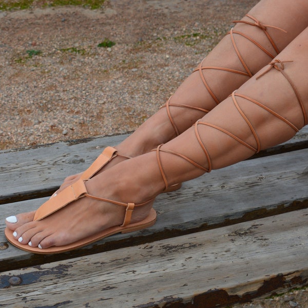 Ancient Greek sandals, Natural leather Gladiator sandals, Tie up Leather Sandals, Spartan sandals, Lace up sandals, T-strap sandals