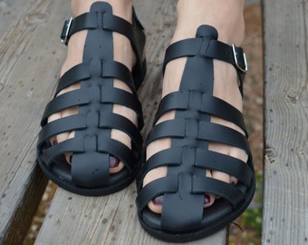 Black Greek leather sandals, Black sandals, Gladiator sandals, Fisherman sandals, Ancient Greek sandals, Handmade sandals ''Crete''