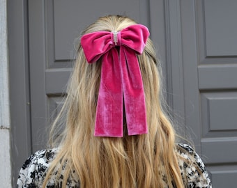 Rose Pink Velvet Hair Bow: Handmade Rhinestone French Bow