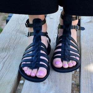 Gladiator sandals, black leather sandals, Greek sandals, Spartan sandals, Ancient Greek sandals, black sandals, strappy sandals 'Patmos'