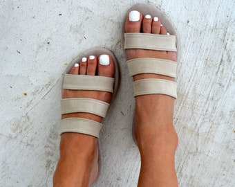 Handmade Beige Suede Leather Sandals, Greek Slides, Summer Flats, Soft Cushioned Flats, Comfort Sandals, Suede Leather Sandals ANTHOS