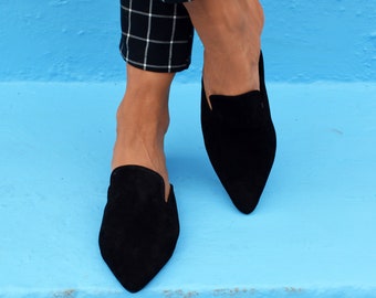 Suede Leather Mules, Pointed Toe Flats, Black leather flats, Leather Slides, Slip On shoes, Mule Shoes, Open heel shoes ''Attiki''