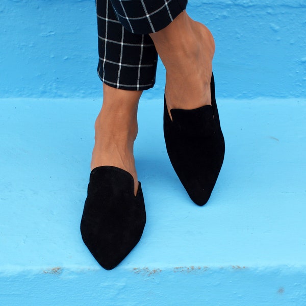 Suede Leather Mules, Pointed Toe Flats, Black leather flats, Leather Slides, Slip On shoes, Mule Shoes, Open heel shoes ''Attiki''