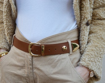 Brown Leather Belt: Women&#39;s Elegant Belt with Gold Buckle
