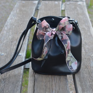 Black Leather Bucket Bag with Organza Bow: Handmade Shoulder Bag
