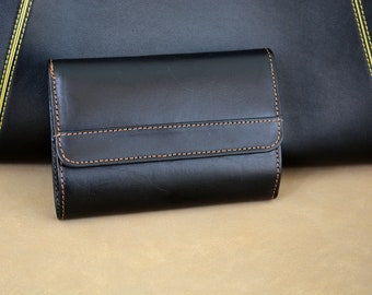 Handmade Black Leather Wallet: Women's Medium Leather Purse