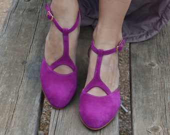 Handmade Suede Leather Block Heel Pumps: Purple Ladies Shoes