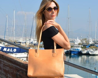 Genuine Leather Tote Bag, Large Leather Tote with zipper, Tan Leather Tote, Women's Laptop Bag, Handmade in Greece