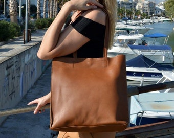 Leather tote bag, Tabac brown tote bag, Shoppers bag, Women's handbag, Shoulder bag, Women's tote, Genuine leather cognac tote,Many colors