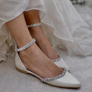Ivory Wedding Flats: Jeweled Bridal Shoes with Ankle Strap