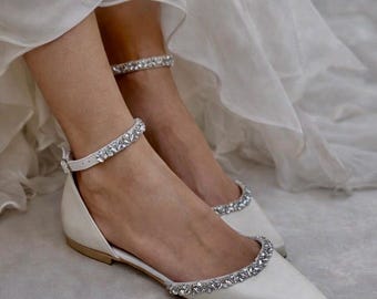 Ivory Wedding Flats: Jeweled Bridal Shoes with Ankle Strap