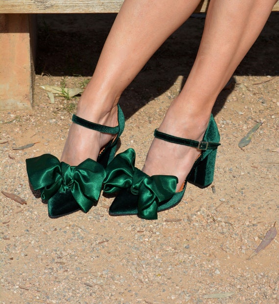 diameter Knurre Behov for Emerald Green Velvet Block Heels Satin Bow Heels Forest - Etsy Australia