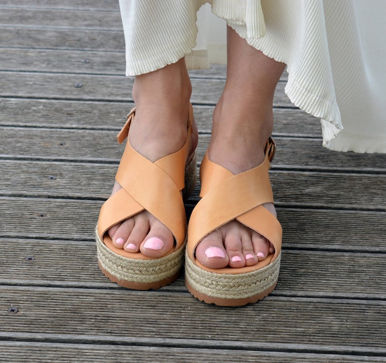 Greek Sandals, Espadrilles Sandals, Leather Flatform Sandals, Criss Cross Sandals, Slingback Platform Sandals ''Naxos'' image 4