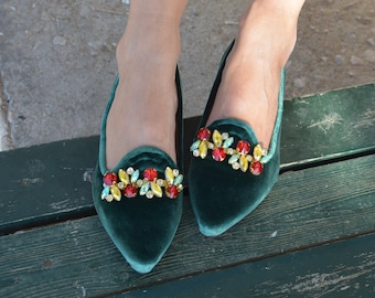 Emerald Velvet Loafers, Dark Green Slip-on Loafers, Emerald Green shoes, Crystal embellished velvet flats, Velvet loafers ''Crystal Luxor''