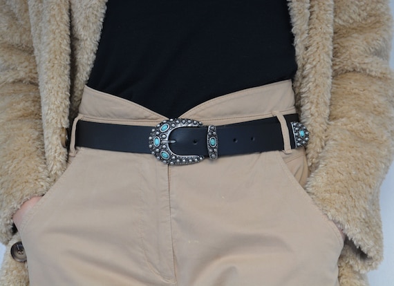 Black Leather Belt: Turquoise Stone Silver Buckle, Handmade 