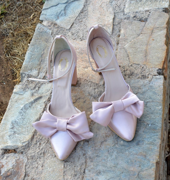 Blush Satin Block Heels Satin Bow Heels 