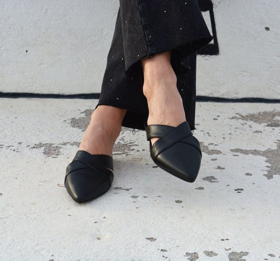 Black Leather Pointed Mules: Handmade Slip-On Flats